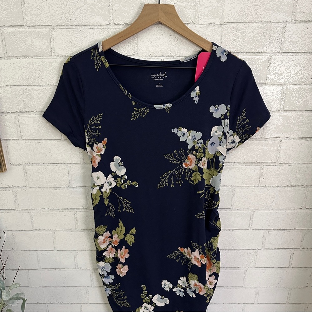 ISABEL Maternity by Ingrid & Isabel Navy Flowered Scoop Neck Short Sleeve Dress - Picture 5 of 13